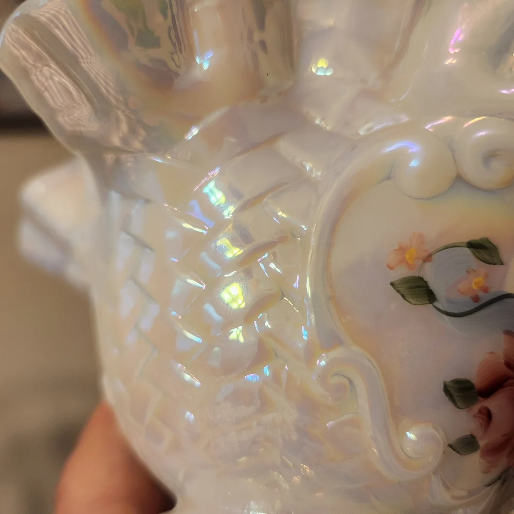 Fenton White Carnival Glass Opalescent Handpainted Basket Signed By Artist